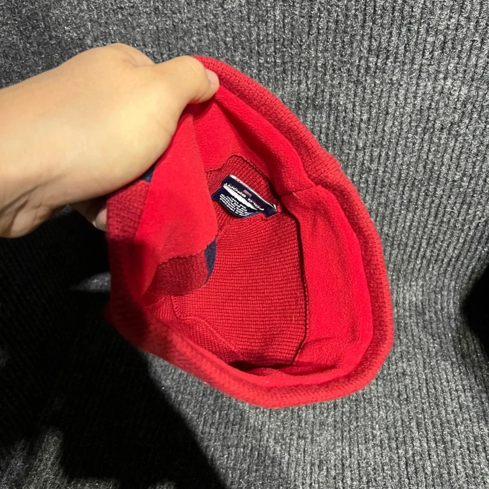 Vintage Polo Sport Beanie Mens OSFM Red Navy Blue Lambswool Fleece Lined Stripe